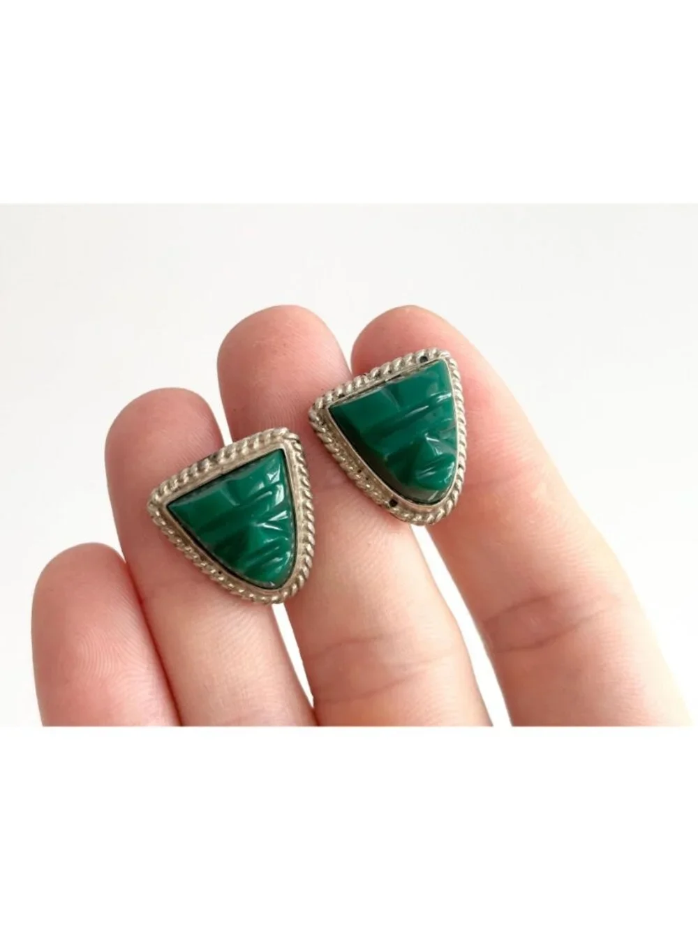 Green Onyx Gemstone Mask Taxco, Mexico Sterling Silver 925 Men's Cufflinks